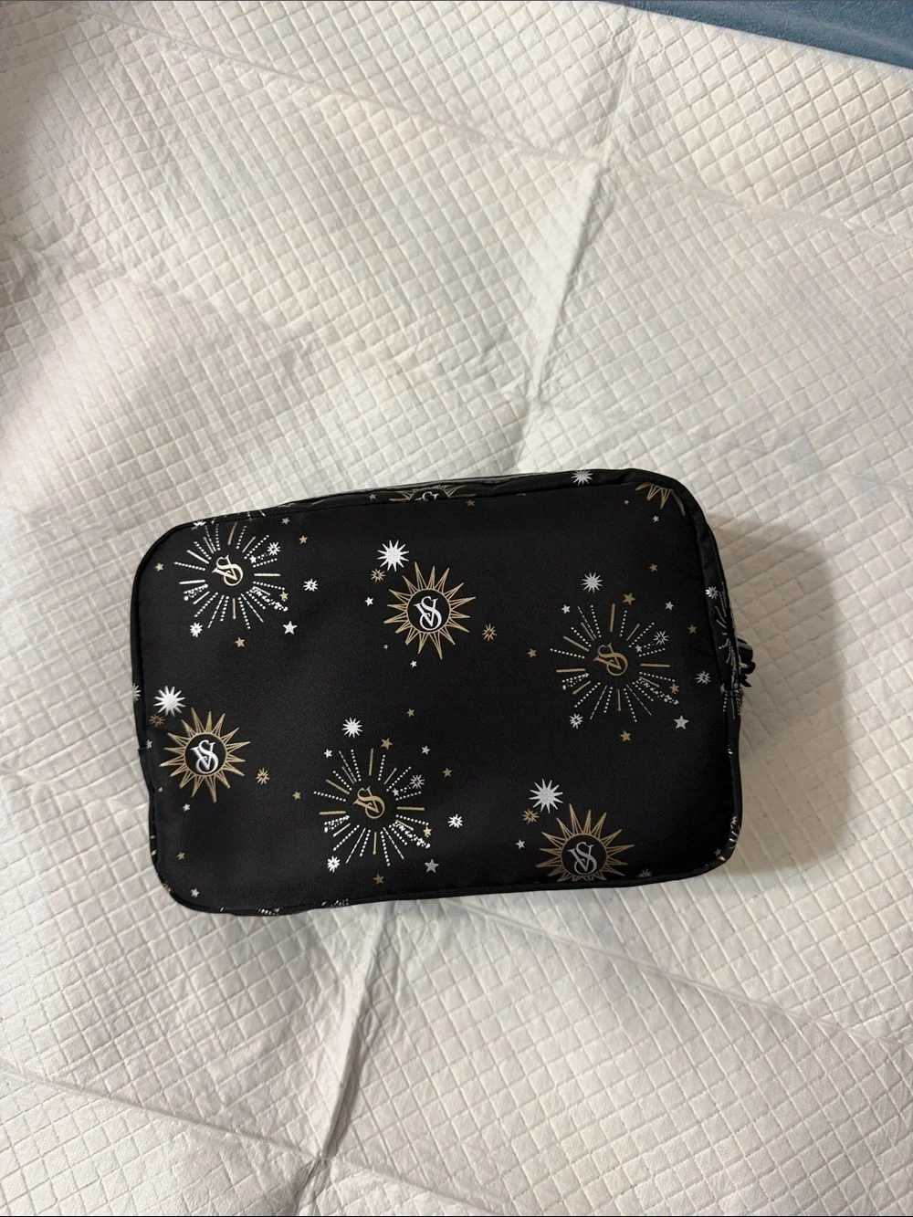 Victoria's Secret Black Cosmetic Pouch with Gold & Silver Starburst Print